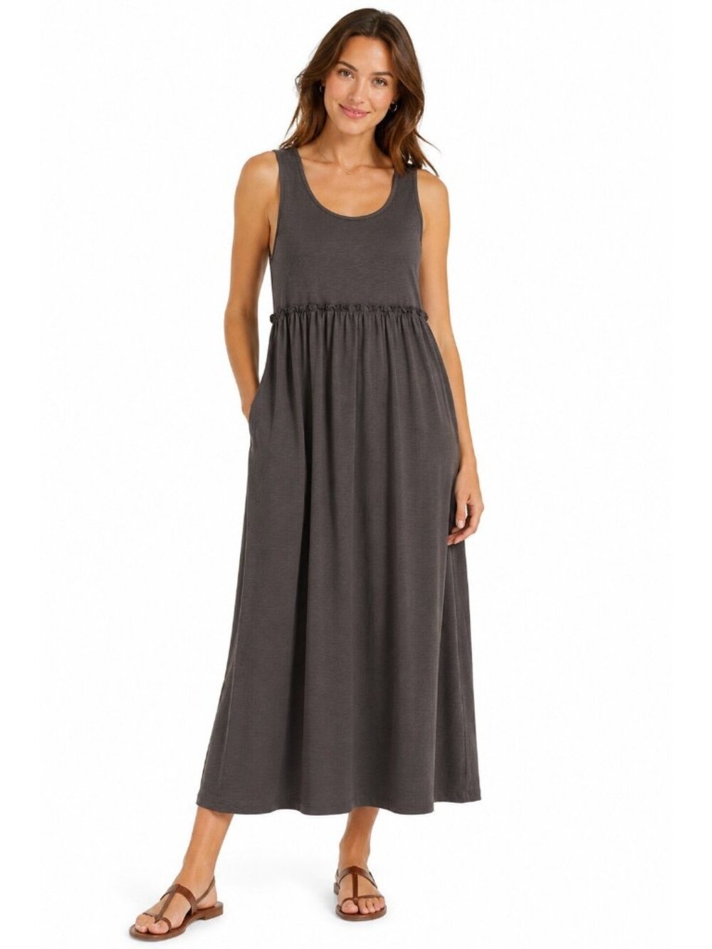 HANNA ANDERSSON MAXI DRESS BROWN SMALL empire waist sleeveless summer effortless